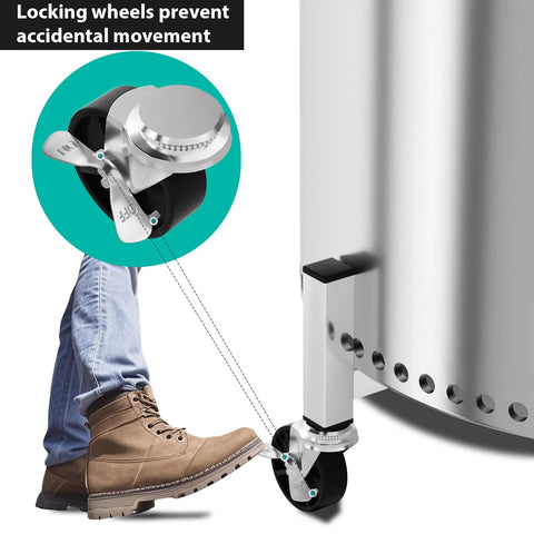 Close-up of locking wheel action on Beefy Heavy Duty Fire Pit Rolling Stand With 360 Swivel And Locking Wheels Universal Fit 15 To 27 Inch Pits
