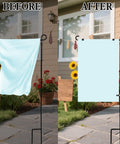 Comparison of garden flag with and without the All Season Garden Flag Stoppers and Clips Kit, secured on a pole outdoors.