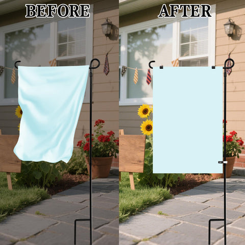 Comparison of garden flag with and without the All Season Garden Flag Stoppers and Clips Kit, secured on a pole outdoors.