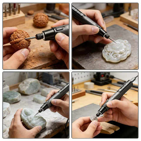 Heavy Duty Cordless Rotary Tool Kit Bundles One Hundred Eight Pieces Powered By A Quiet Six Speed Mini Engine in use for detail engraving.