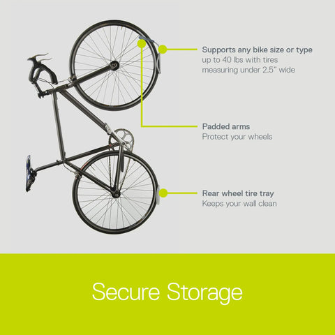 Vertical Bike Wall Mount With Tire Tray For Easy Access And Space Saving Storage Holds Up To 40 Lbs shown with a mounted bike