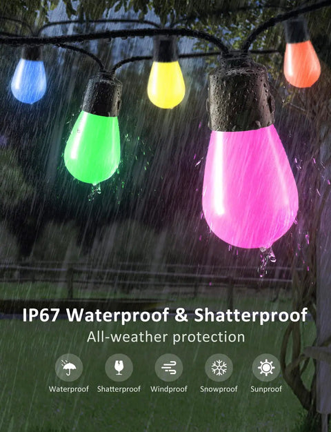 48Ft RGB Outdoor String Lights With 15 Dimmable LEDs, App Control And Music Sync, IP67 Waterproof lights in rain scene