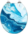 Round Toilet Seat Replacement, Slow-Close, Bathroom with blue marble design and chrome adjustable hinges.