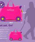 Cute pink kids ride-on luggage with wheels for travel