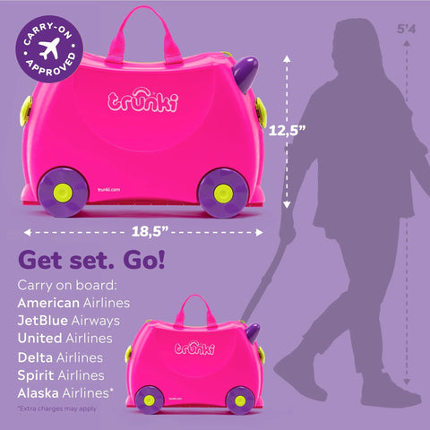 Cute pink kids ride-on luggage with wheels for travel