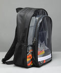 Slick Clear PVC Tool Backpack For Cleanroom Engineers Hauling Laptops And Essential Kits With Cushioned Straps And Reinforced Handles, side view showing storage.