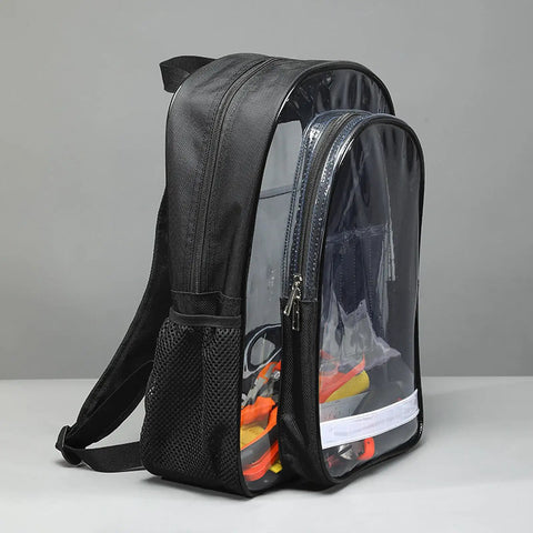 Slick Clear PVC Tool Backpack For Cleanroom Engineers Hauling Laptops And Essential Kits With Cushioned Straps And Reinforced Handles, side view showing storage.