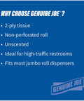 Graphic highlighting features of Jumbo 2 Ply Bath Tissue For Commercial Dispensers, Unscented White Toilet Paper Roll 3.3 Inch By 650 Foot, 12 Count Bulk Pack, Recycled Fiber, Nonperforated