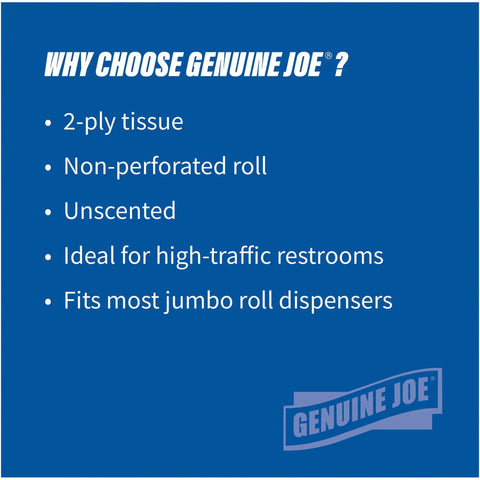 Graphic highlighting features of Jumbo 2 Ply Bath Tissue For Commercial Dispensers, Unscented White Toilet Paper Roll 3.3 Inch By 650 Foot, 12 Count Bulk Pack, Recycled Fiber, Nonperforated