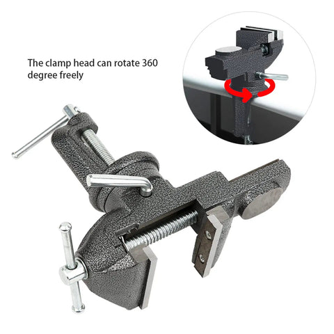 Compact Bench Vise Clamp With 360 Degree Rotation For Jewelry Making And Woodworking, Tool Free Table Edge Mount Fits Up To 2.4 Inch Thick Surfaces, Dope Heavy Duty Cast Iron Hobby Bench Vice For Crafts And Metalworking, cast iron clamp-on vise on table edge