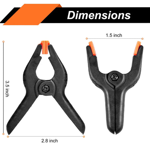 20-pack 3.5-inch plastic spring clamps with orange tips for crafts, woodworking, photography (front view)