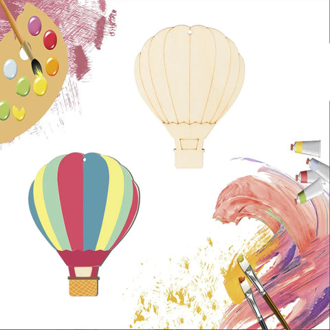 Unfinished Wooden Hot Air Balloon Cutouts With Twine, 20 Pieces next to painted version for DIY projects and decor