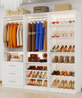 Heavy Duty Top Shelf Modular Closet Organizer System With Three Roomy Drawers And Eleven Big Shelves Plus Five Reliable Hanging Rods For Walk In Wardrobe Upgrades In Clean White displaying hanging clothes, shoes, and storage.