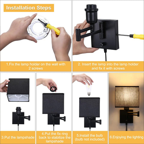 Installation steps for Set Of 2 Plug In Wall Lamps With Swing Arm Sconces, Dimmable Corded Lights, Square Modern Wall Light Fixtures
