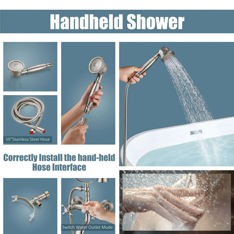 Wall Mount Bathtub Faucet With Brushed Nickel Finish, Double Cross Handles, Tub Filler With Handheld Shower Sprayer, Vintage Telephone Style Basin Mixer Tap With Swivel Spout, No Fuss All Metal Solid Brass Construction