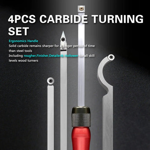 Tungsten Carbide Wood Lathe Turning Tools Set with four carbide tools, including rougher, finisher, detailer, and swan neck.