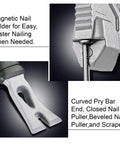 Close-up of 15 Inch All In One Demolition Tool with curved pry bar, magnetic nail holder, and beveled nail puller attachments.