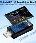 USB Power Meter Tester With 4-25V 5A LCD Display showing voltage, current, and power on 0.96 inch IPS screen with USB connection
