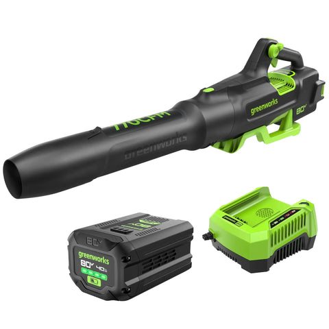80V Brushless Cordless Leaf Blower with 770 CFM and 180 MPH wind, includes battery and charger, black and green design