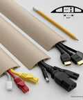 Beefed-Up Floor Cord Cover 6-Foot Cable Protector For Home Or Office Hide Extension Cords And Prevent Trip Hazards Flexible PVC Beige Cable Hider Coils Flat And Cuts To Size Ideal For High Traffic Areas Keeps Cables Safe From Pets And Kids, beige floor cord cover with cables and pencil for scale