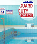Two Pack Aluminum Pool Safety Signs 10 By 14 Inches Outdoor Decor No Lifeguard On Duty Swim At Your Own Risk Never Leave Children Unattended Weatherproof Durable Pool Sign Set displayed by a pool.