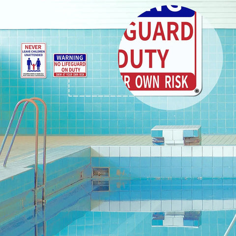 Two Pack Aluminum Pool Safety Signs 10 By 14 Inches Outdoor Decor No Lifeguard On Duty Swim At Your Own Risk Never Leave Children Unattended Weatherproof Durable Pool Sign Set displayed by a pool.