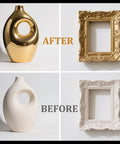 Gold leaf gilding kit collage: after gold on vase and ornate frame; before on white vase and frame
