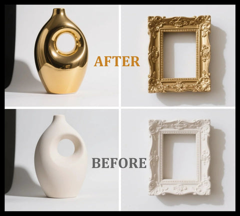 Gold leaf gilding kit collage: after gold on vase and ornate frame; before on white vase and frame