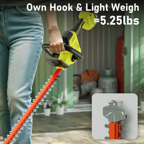 Person using 22 Inch Cordless Hedge Trimmer With Two Batteries And Charger 20V Lightweight Handheld Electric Hedge Cutter