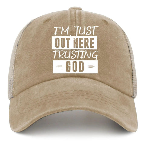 Just Out Here Trusting God Dope Trucker Hats For Men Funny Running Caps With Adjustable Buckle Comfortable All Season Wear