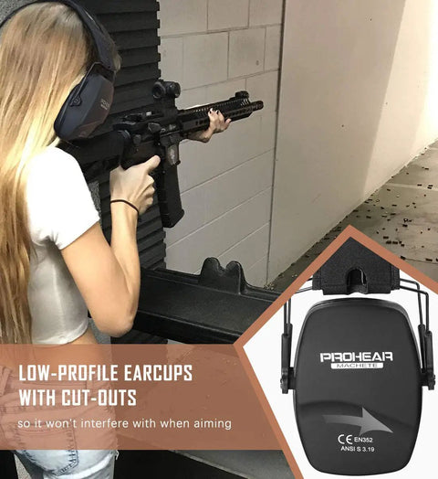 Woman wearing Gel Ear Seals Shooting Earmuffs With NRR 26dB Noise Reduction, aiming a gun at a shooting range, black.