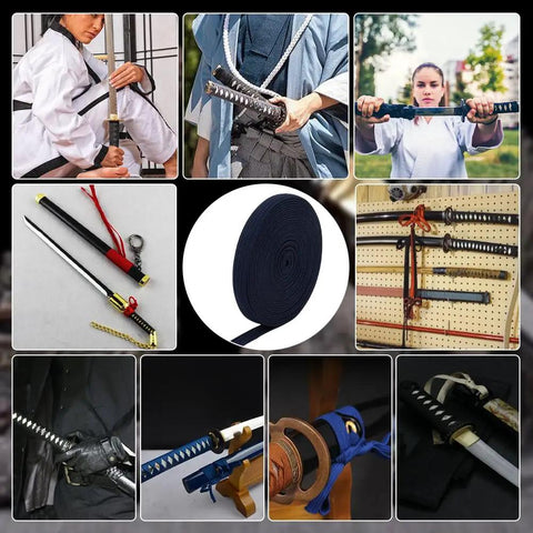 Collage featuring Dark Blue Ito Sageo Wrapping Cord 0.51 Inch Wide Silk-Cotton Blend For Katana Tsukamaki Sword Handle Wrapping Rope