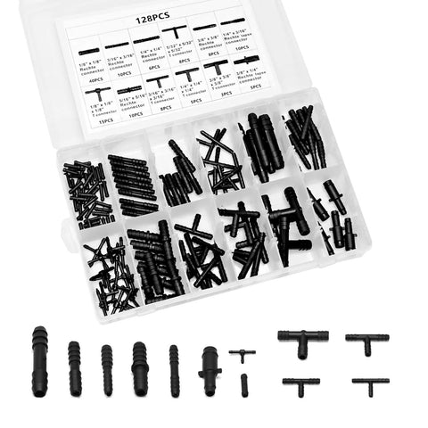 VIKKSAER nylon vacuum hose connector kit in a storage box, 128-piece, 12 sizes, black barbed tee connectors.