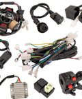 All In One GY6 Wiring Harness Kit For 50Cc To 125Cc Engines With Stator Coil CDI Ignition Coil laid out with components