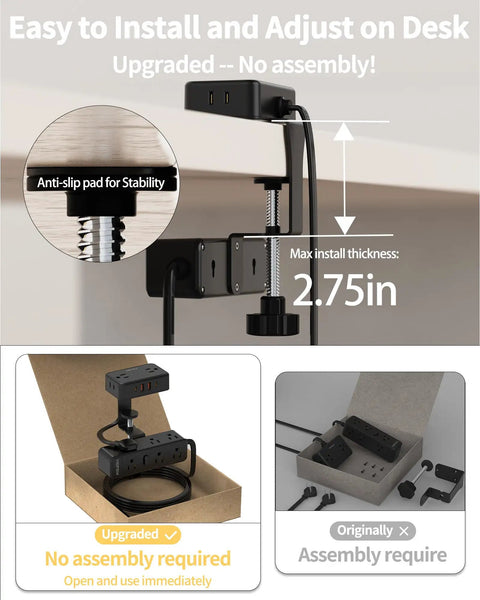 Dual Layer Desk Clamp Power Strip With 13 Outlets And 4 USB Ports Including USB C, showing installation on desk edge.