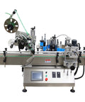 Heavy Duty Automatic Desktop Labeling Machine With Slick Touchscreen Interface For Straight Up Flat Or Spot On Fixed Point Sticker Mounting On Glass Bottles And Tin Cans 110V viewed from the side with controls and label dispenser.