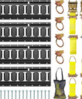 E Track Tie Down Rail Kit 31 Piece Set with four 16 inch black rails, yellow ratchet straps, and metal anchors.