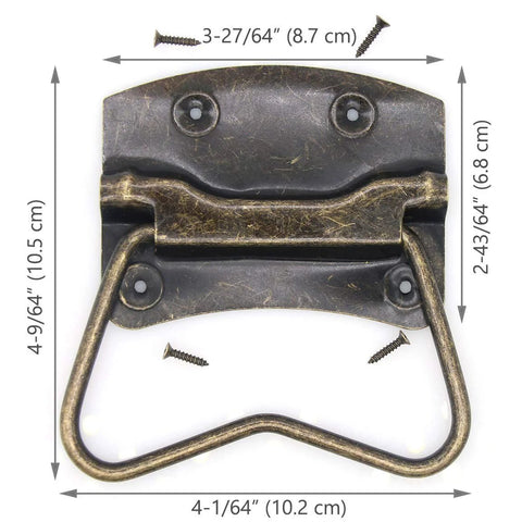 4 Pieces Vintage Style Lifting Handle Chest Pull With Distressed Antique Brass Finish and screws, dimensions labeled, front view