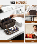 Top Tier PU Leather Toiletry Bag For Men In Dark Brown with grooming supplies, perfect for daily use and travel.
