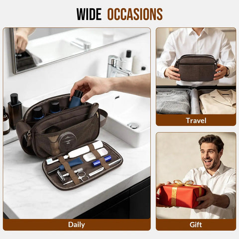 Top Tier PU Leather Toiletry Bag For Men In Dark Brown with grooming supplies, perfect for daily use and travel.