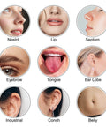 Close-up views of body parts commonly pierced using the 6 Piece Piercing Ball Grabber Kit Pro Grade Stainless Steel Piercing Tools For Easy Jewelry Changes Ear Nose Lip Includes Gripper 5 Needles Threaded Insertion Pin Flat Back Earring Applicator And Curved Body Piercing Kit.