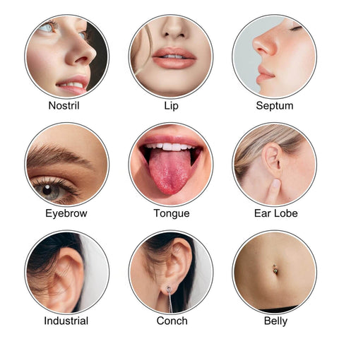 Close-up views of body parts commonly pierced using the 6 Piece Piercing Ball Grabber Kit Pro Grade Stainless Steel Piercing Tools For Easy Jewelry Changes Ear Nose Lip Includes Gripper 5 Needles Threaded Insertion Pin Flat Back Earring Applicator And Curved Body Piercing Kit.