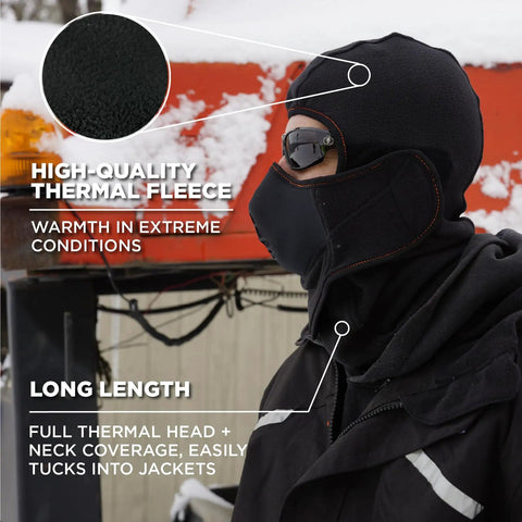 Person wearing Winter Balaclava With Detachable Heat Exchanger Face Mask For Extreme Cold Full Head And Neck Coverage Wicked Warm Adjustable Nose Clip To Block Cold Air And Prevent Glasses Fog Easy On And Off Ski Mask, highlighting the thermal fleece material and long design for full coverage.