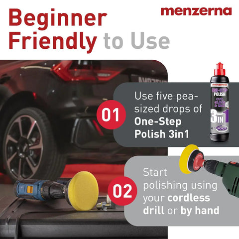 3in1 Car Polishing Kit With Drill Adapter, Medium Cut Pad, And 8oz One Step Polish, Delivers Medium Cut, High Gloss Finisher, And Carnauba Wax Sealant For Quick Cordless Drill Polishing On Your Ride. Beginner-friendly kit with drill adapter, polish bottle, and yellow pad