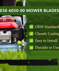 038-6050-00 mower blades on a lawn mower showing OEM standards, easy installation, and durability