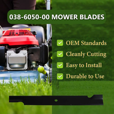 038-6050-00 mower blades on a lawn mower showing OEM standards, easy installation, and durability