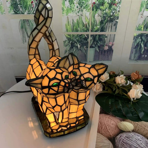 Two Cats In Love Tiffany Style Stained Glass Accent Table Lamp Night Light for home decor with warm LED tail lights.