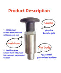 Heavy Duty Steel Pull Pin With Welded Barrel Handle And Black Spring Plunger Built Tough For No Sweat Setup and Solid Side Load Performance Sweet Fit For Any Garage Or Job Site Run, showing grip handle and steel pin body.