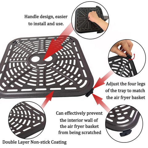Straight Up Premium Air Fryer Grill Plate For Cosori 6 8 Quart Cookers shows handle design and adjustable legs for easy use.