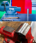 Red vise holding 2.5 inch aluminum vise jaws with magnetic flat rubber pads, shown in a workshop setting.